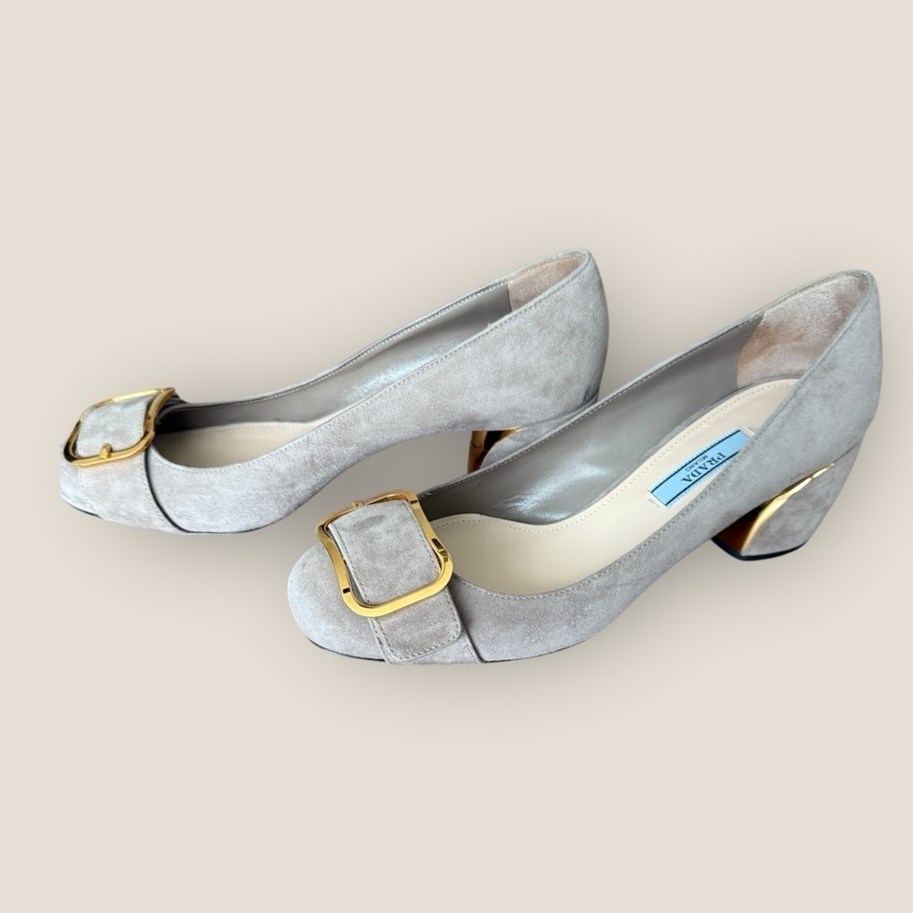 AUTHENTIC Prada | Vintage Gold Hardware Suede Pumps | Size 38 - Picture 4 of 13